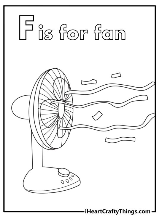 The letter F coloring page with a fan blowing paper strips