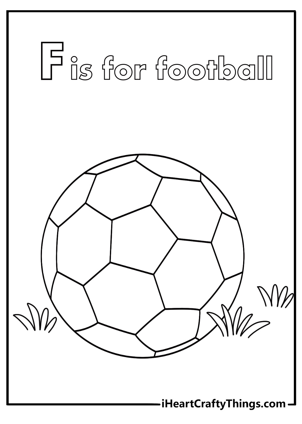 The letter F coloring sheet with a football resting on the grass