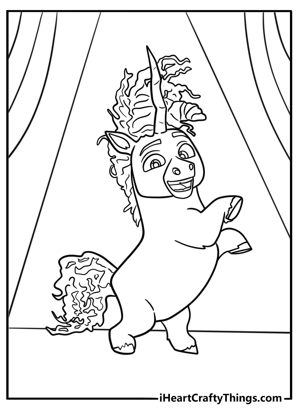 Thelma the unicorn coloring page with stage lights