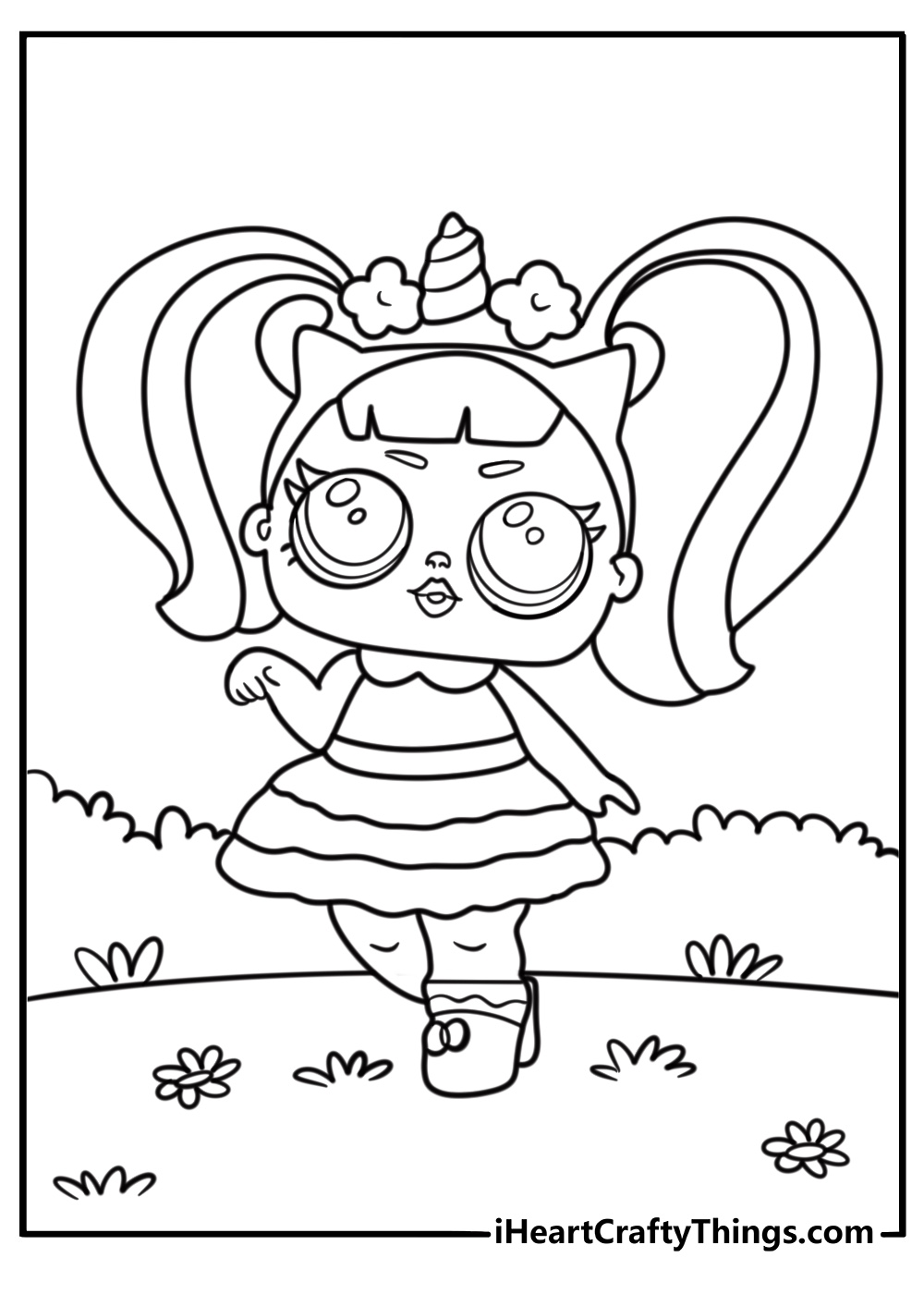 Unicorn LOL coloring page with doll-inspired outfit