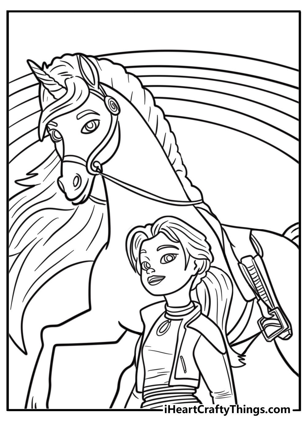 Unicorn academy coloring page with Isabel and River