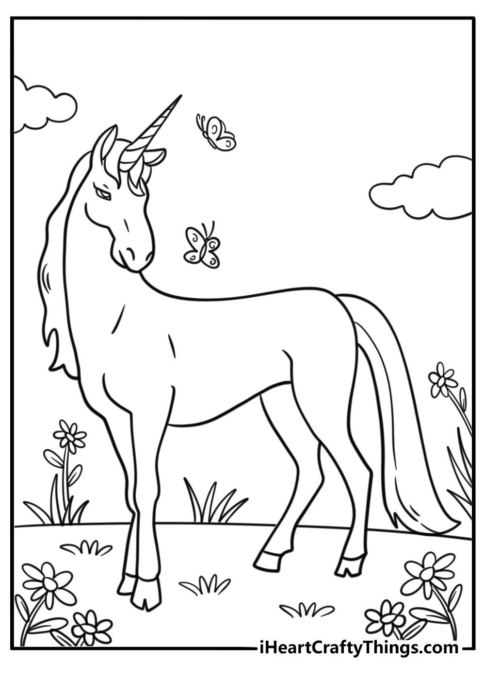 Unicorn and butterfly coloring page in a spring meadow