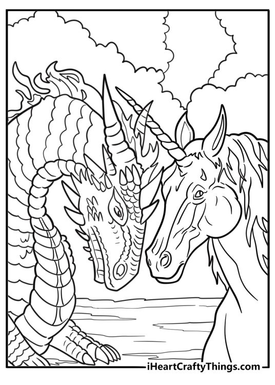 Unicorn and dragon coloring page facing each other