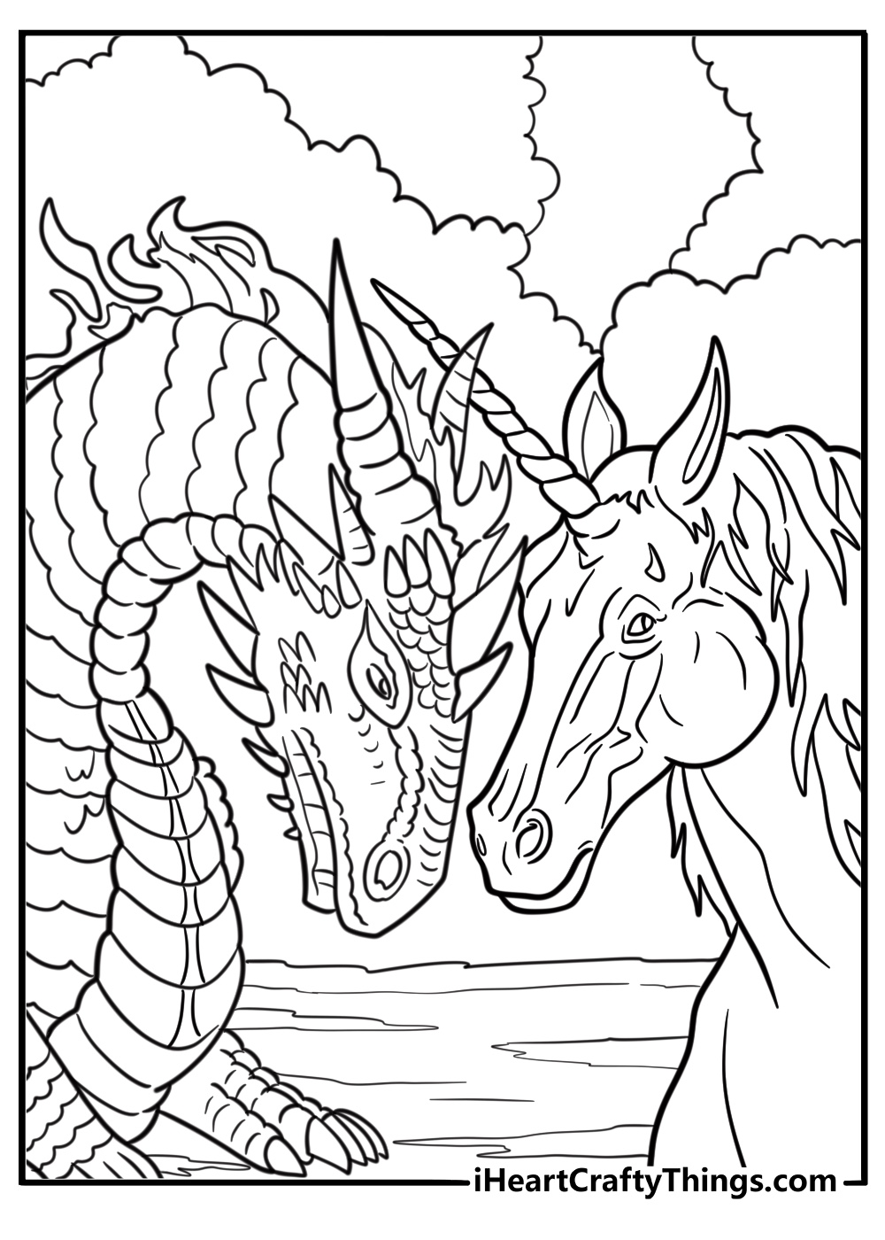 Unicorn and dragon coloring page facing each other