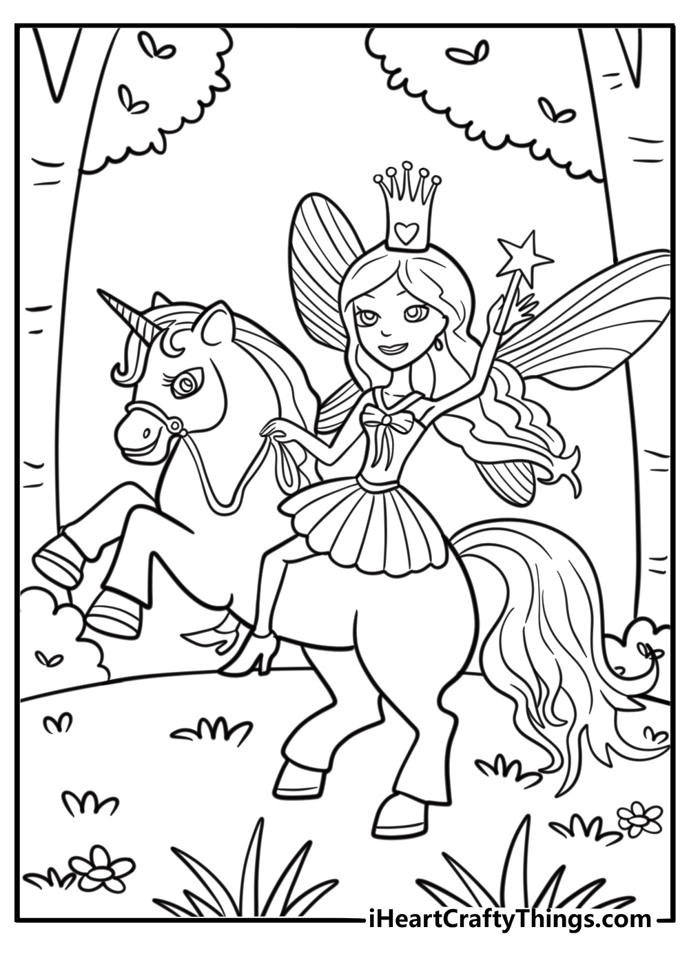 Unicorn and fairy coloring page with magical forest background