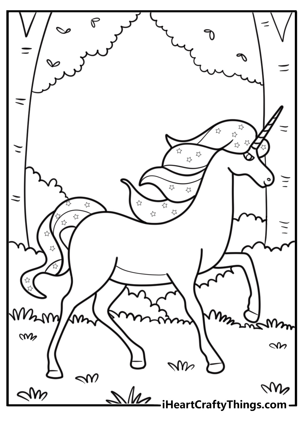 Unicorn and flowers coloring page in a peaceful field