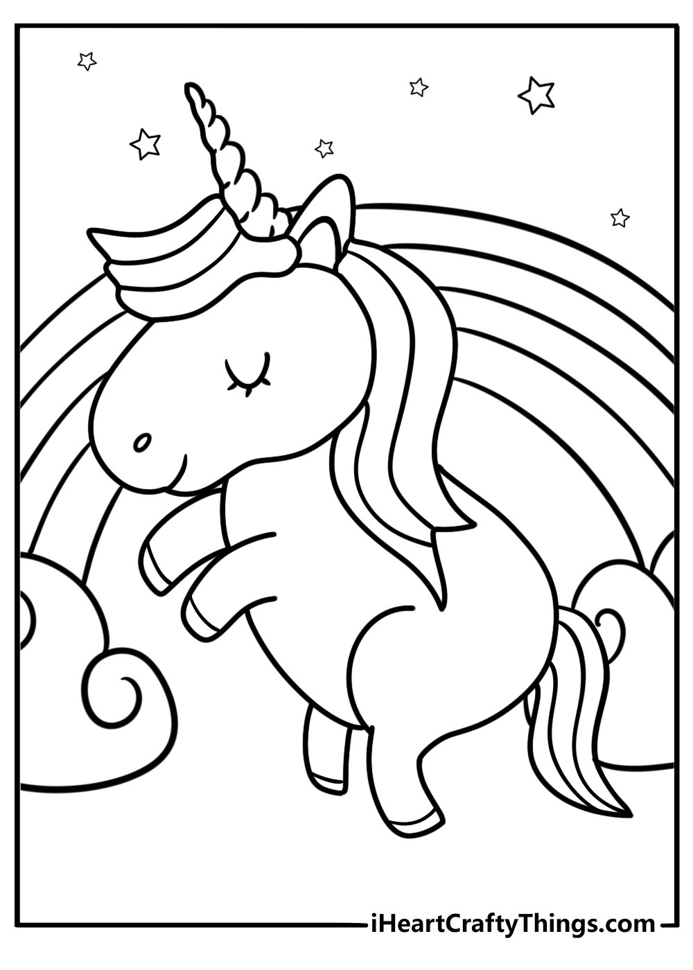 Unicorn and rainbow coloring page with magical stars