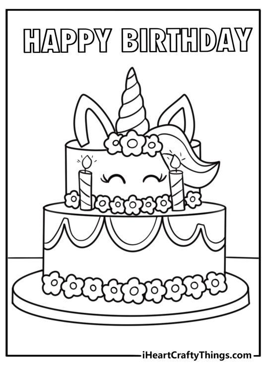 Unicorn birthday cake coloring page with candles