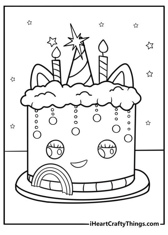 Unicorn cake coloring page with candles and sprinkles
