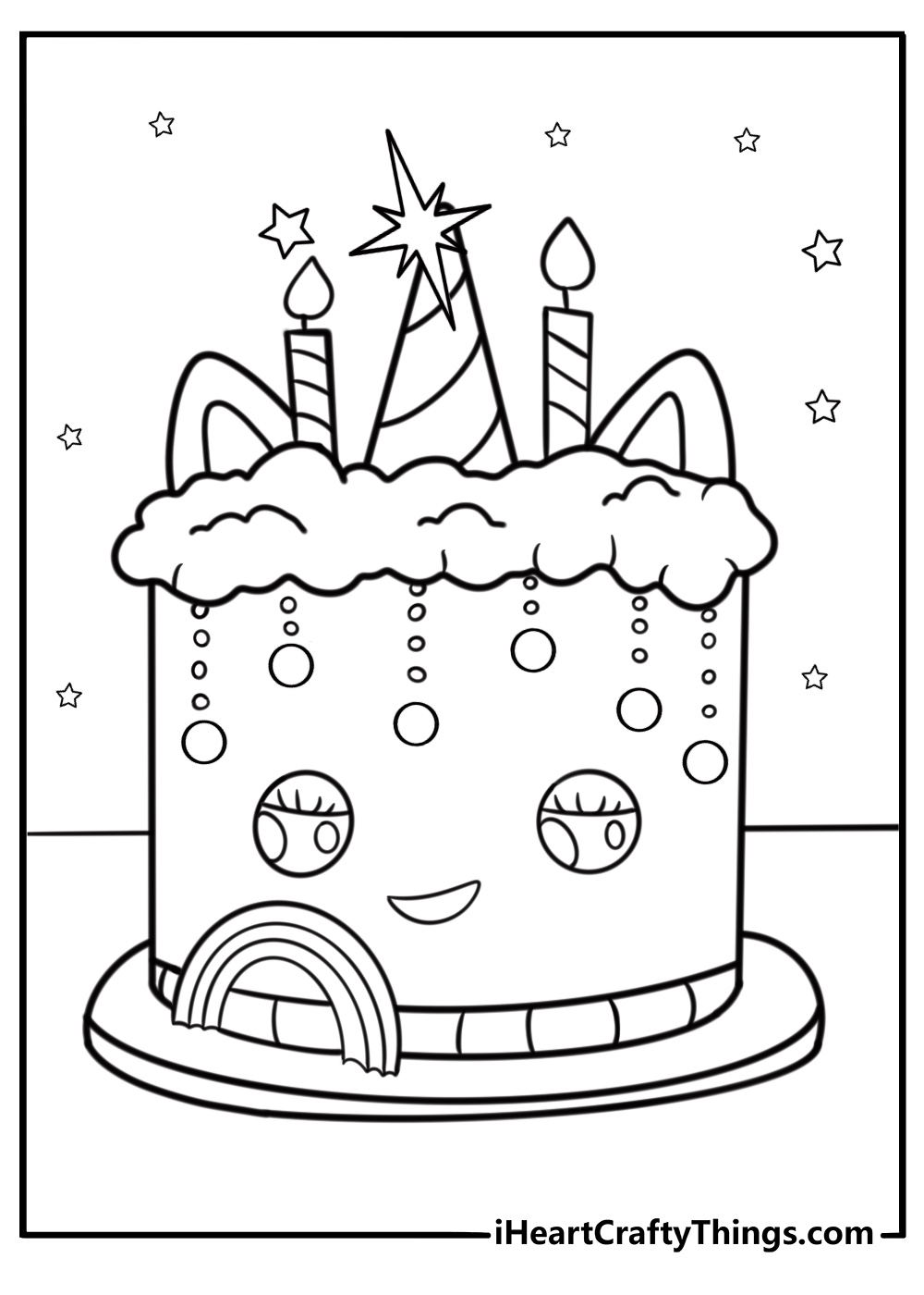 Unicorn cake coloring page with candles and sprinkles