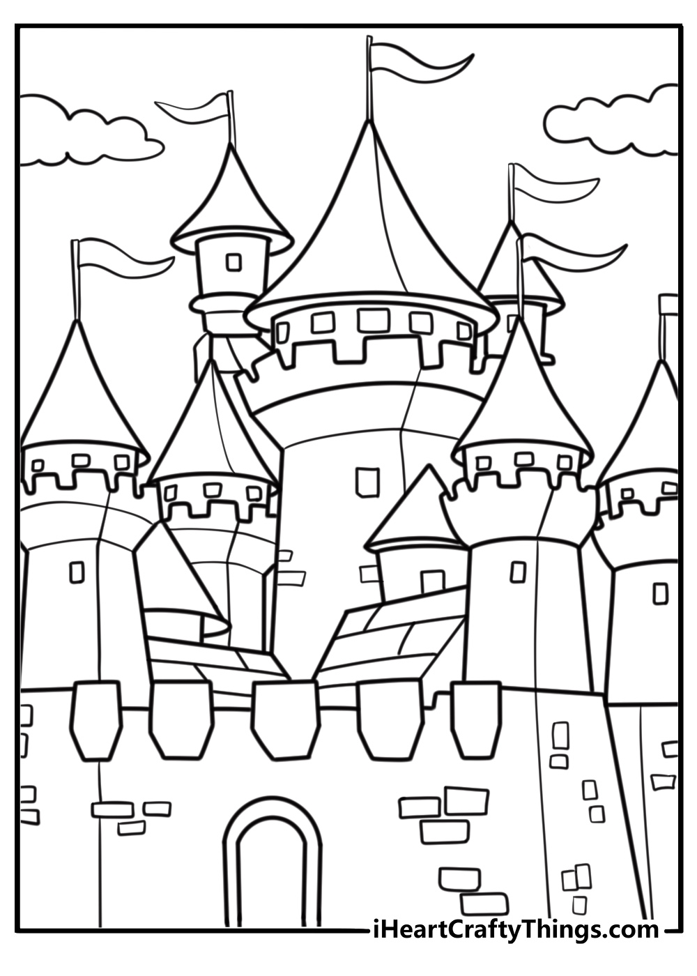 Unicorn castle coloring page with turrets and flags