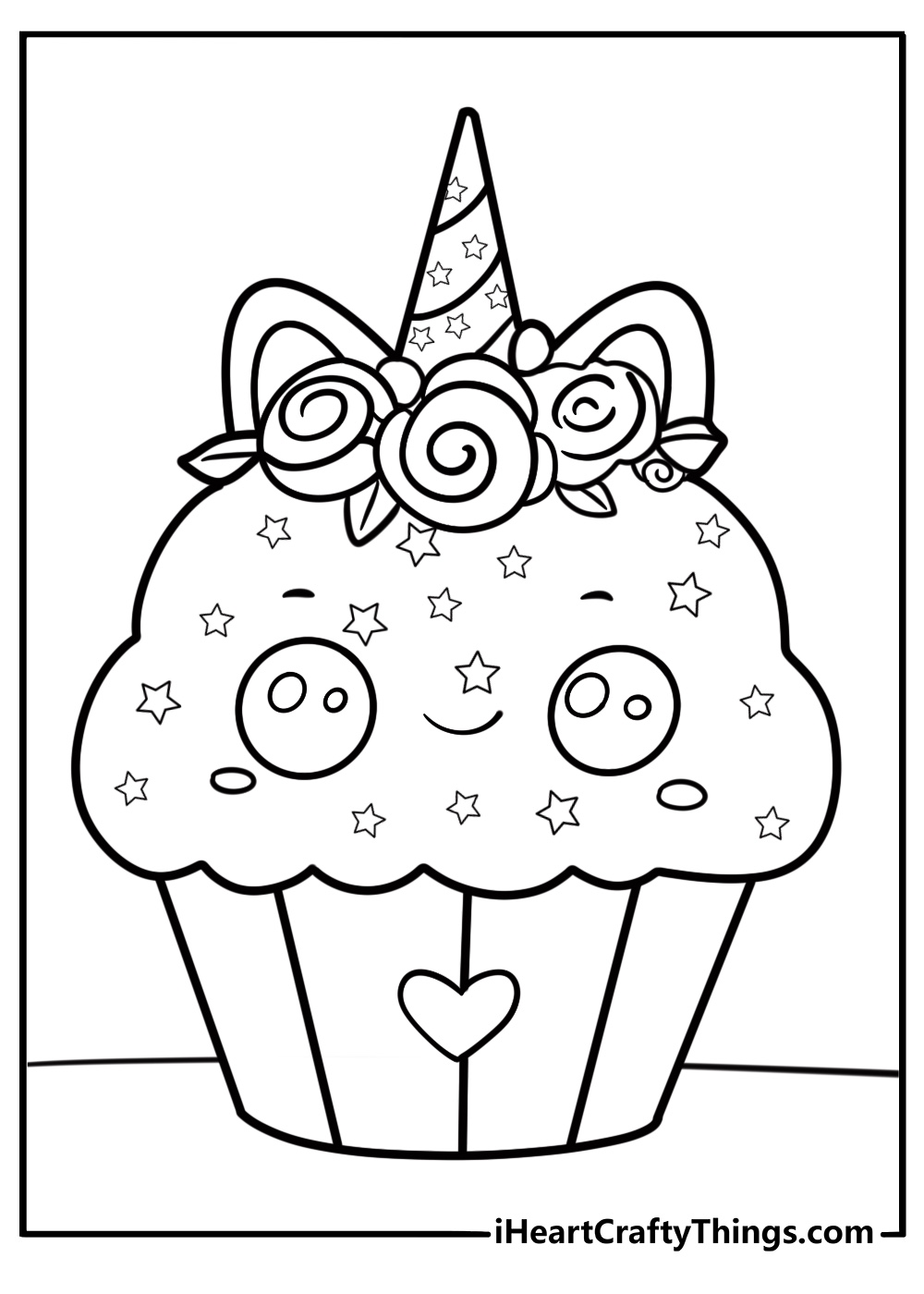 Unicorn cupcake coloring page with whipped frosting and a horn