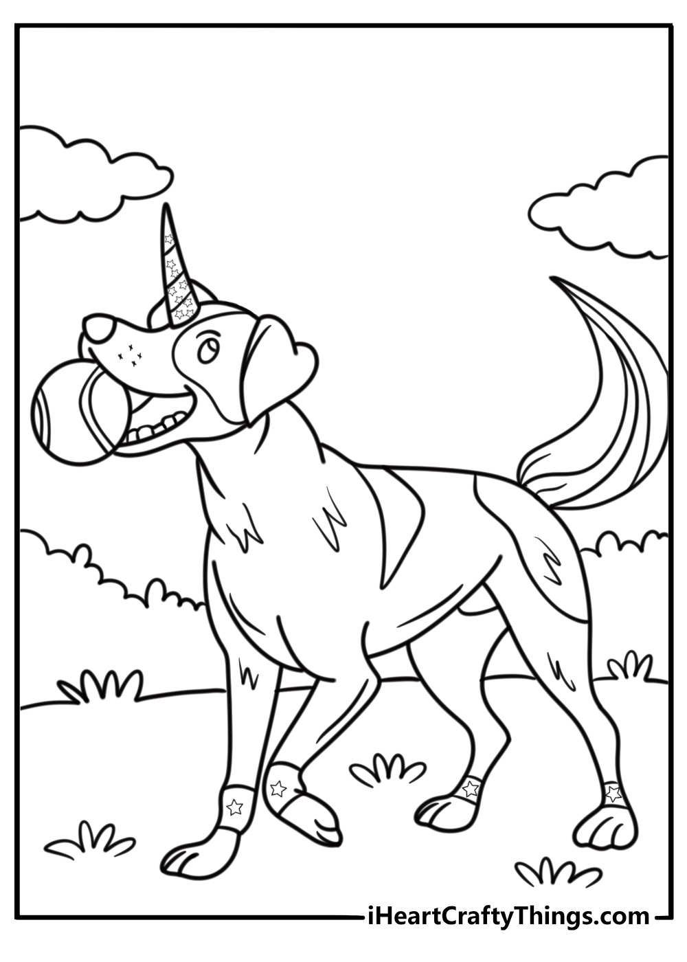Unicorn dog coloring page playing with a tennis ball