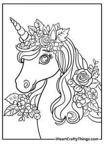 Unicorn head coloring page with floral crown