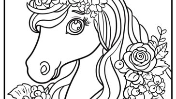 Unicorn head coloring page with floral crown