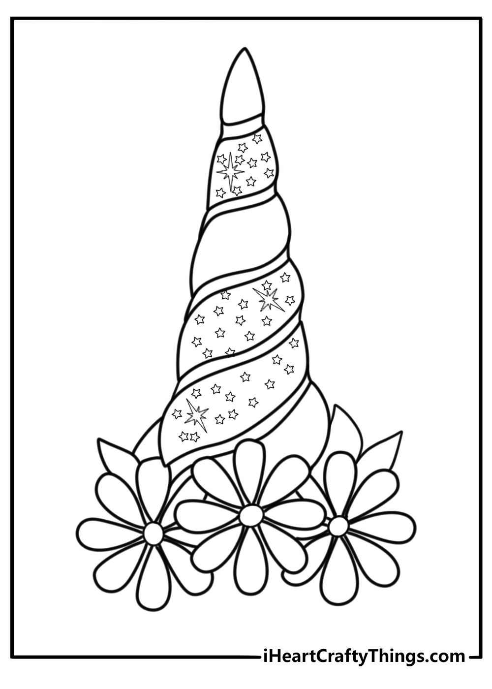 Unicorn horn coloring page with decorations and glitter