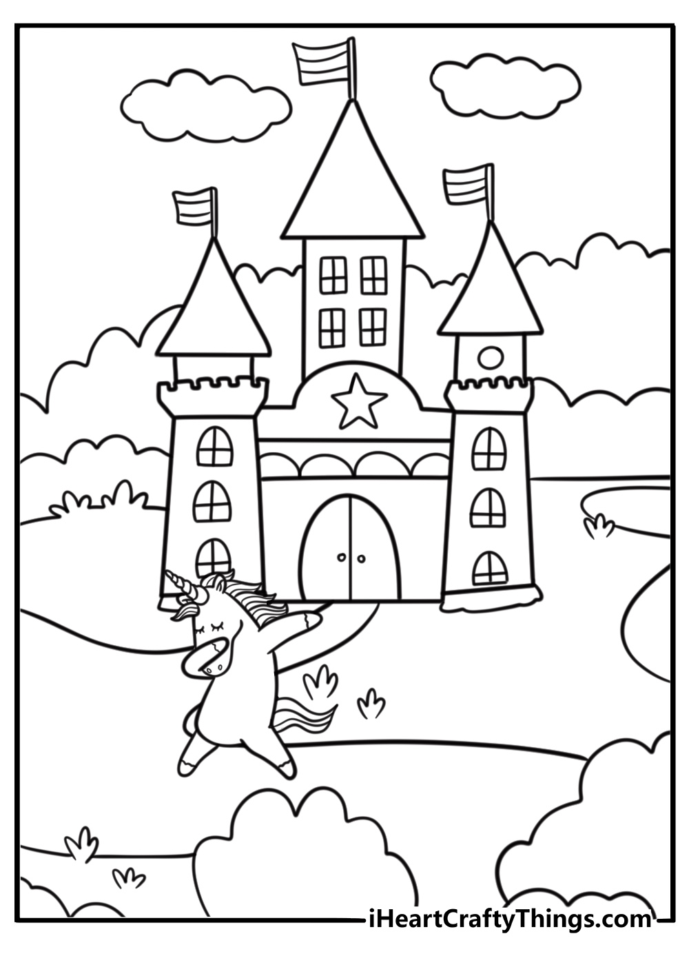 Unicorn house coloring page in a magical village