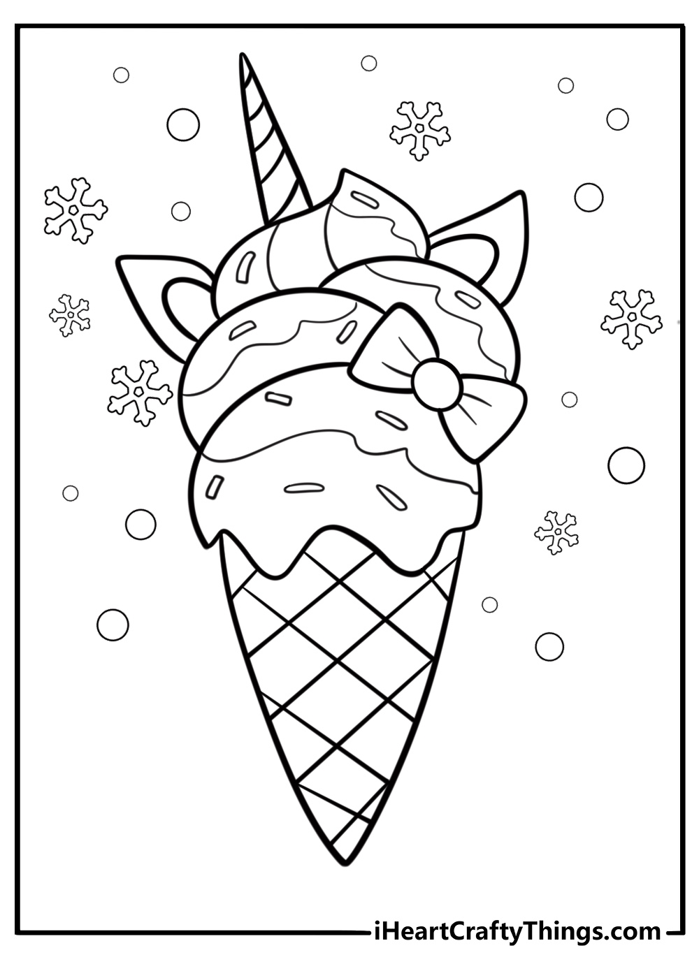 Unicorn ice cream coloring page in a cone with sparkles