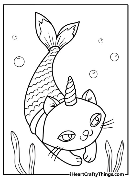 Unicorn kitty mermaid coloring page under the sea