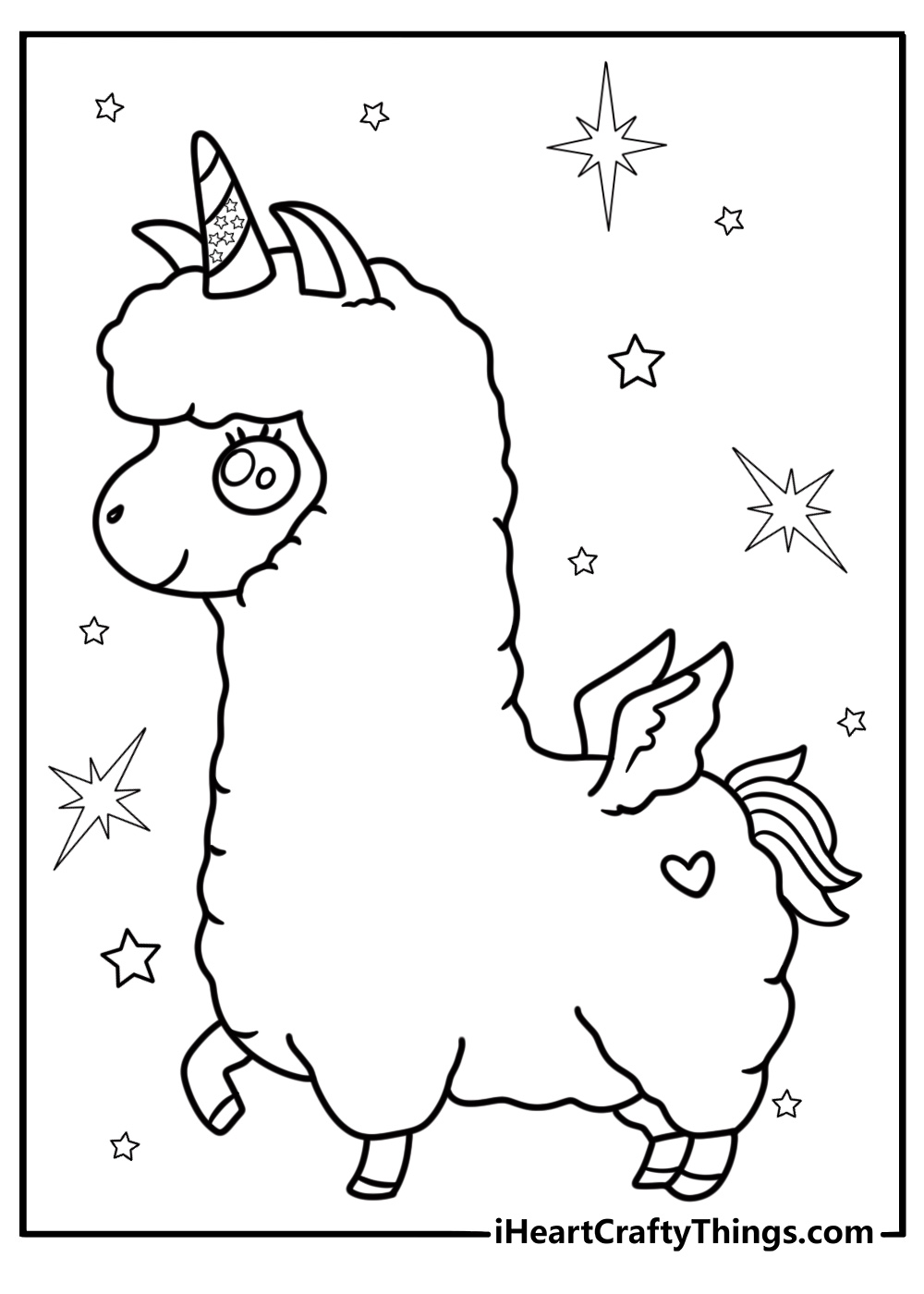 Unicorn llama coloring page with fluffy fur and sparkles