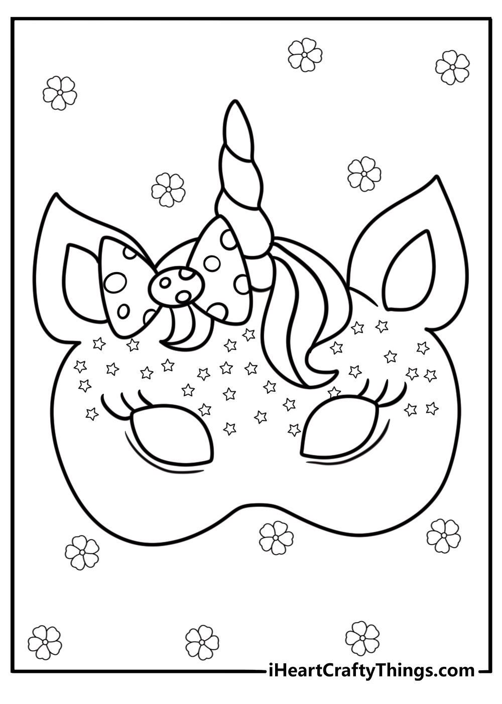 Unicorn mask coloring page for cut-out activity