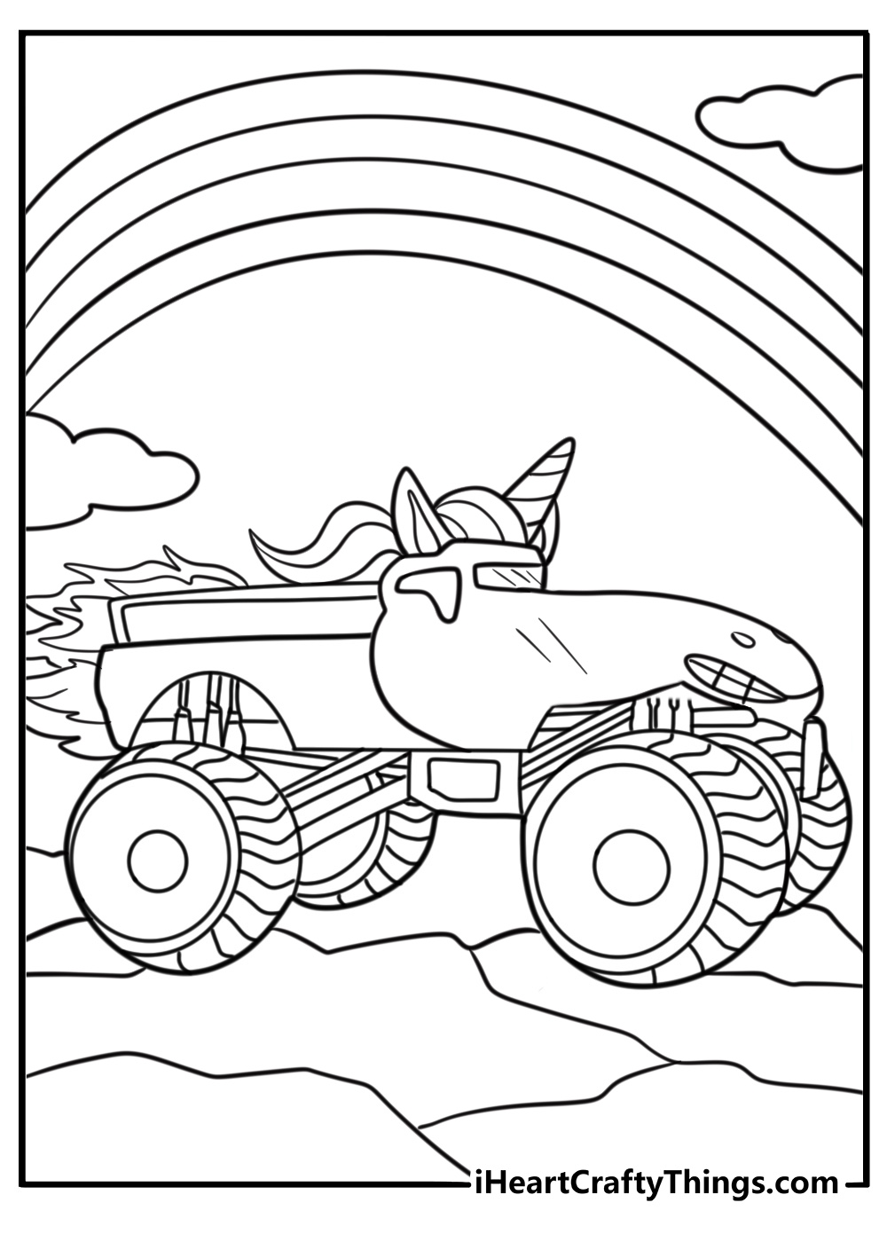 Unicorn monster truck coloring page with flames