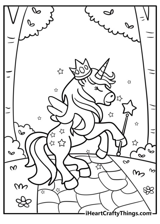Unicorn princess coloring page in a royal garden