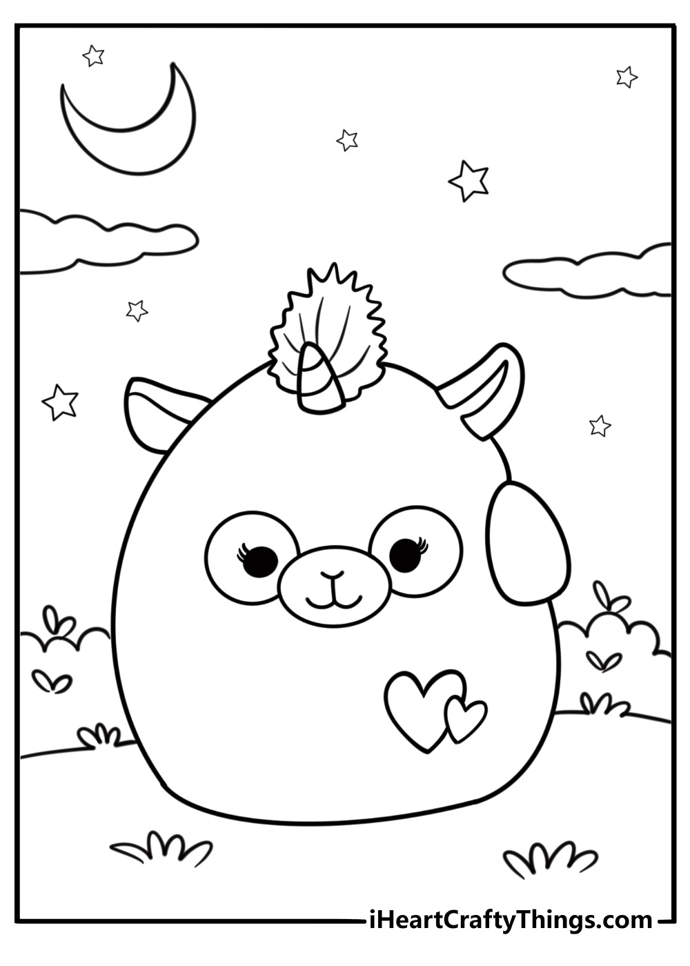 Unicorn squishmallow coloring page with stars and moon