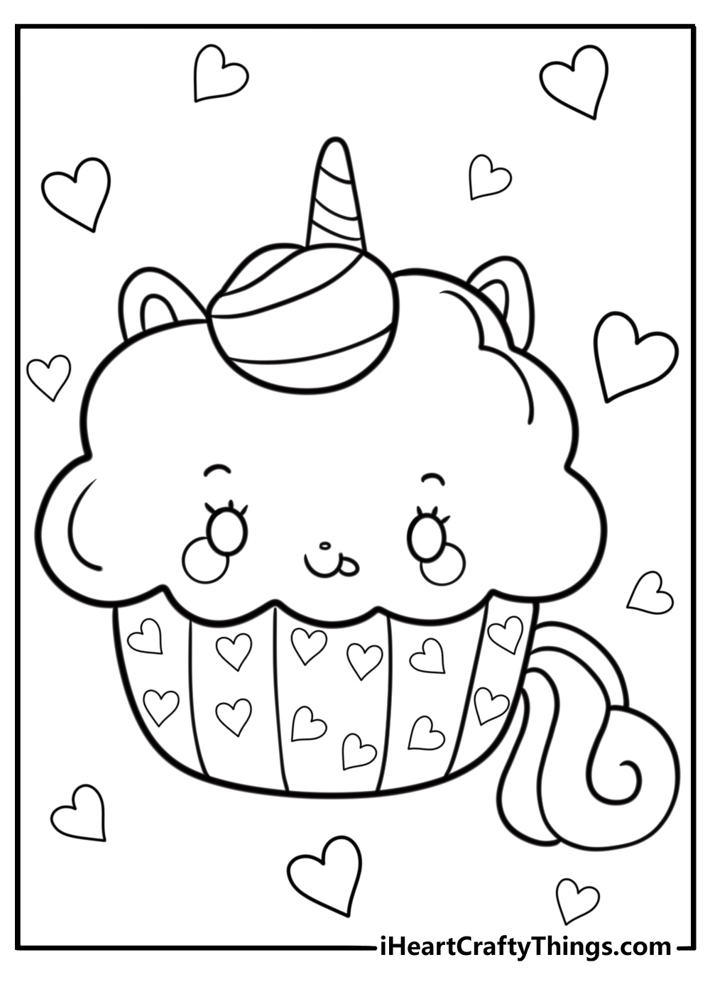 Unicorn valentines coloring page with cupcakes and hearts