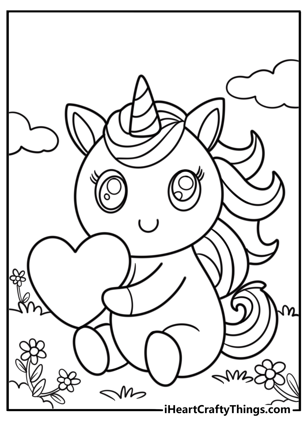 Unicorn with heart coloring page surrounded by flowers