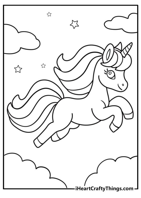 Unicorn with stars coloring page leaping through the sky