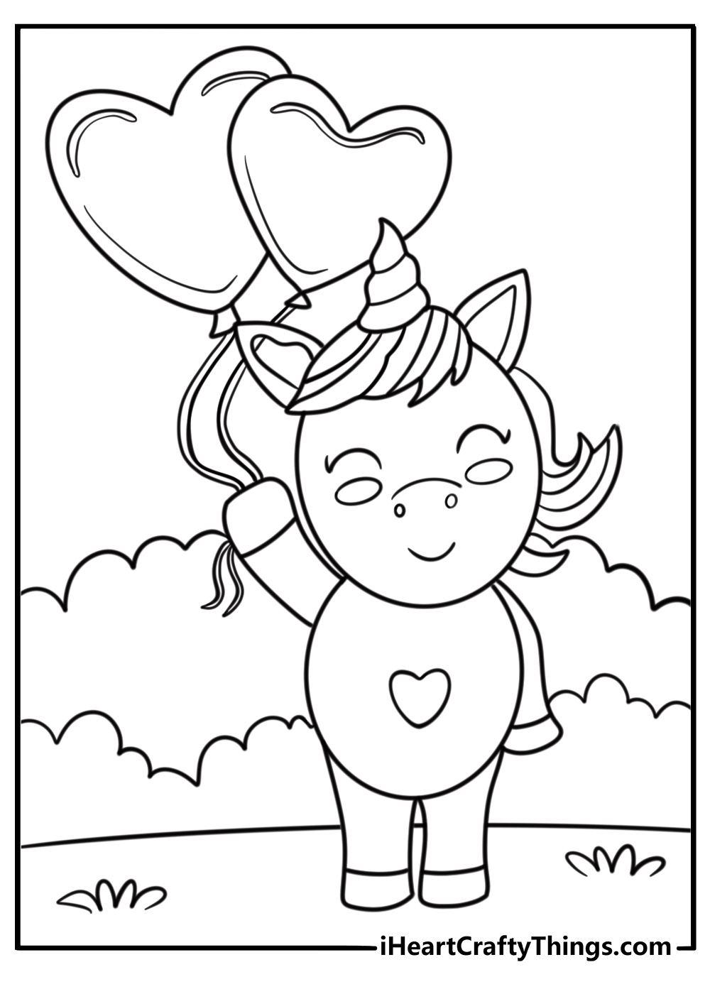 Valentine’s unicorn coloring page holding a heart balloon