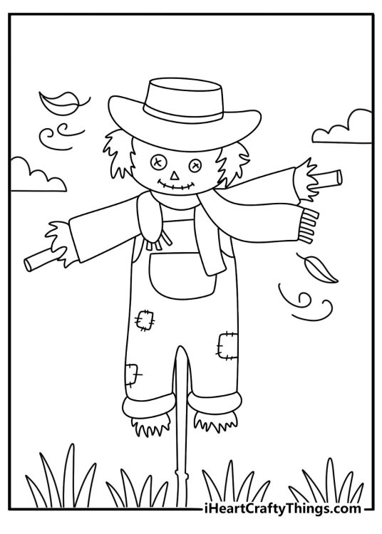Wind lifts a loose scarf in this fall scarecrow printable