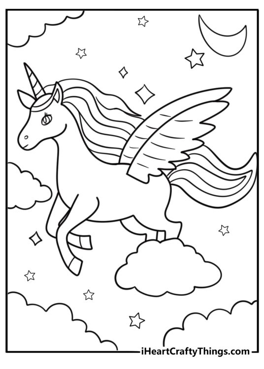 Winged unicorn coloring page soaring through the night sky