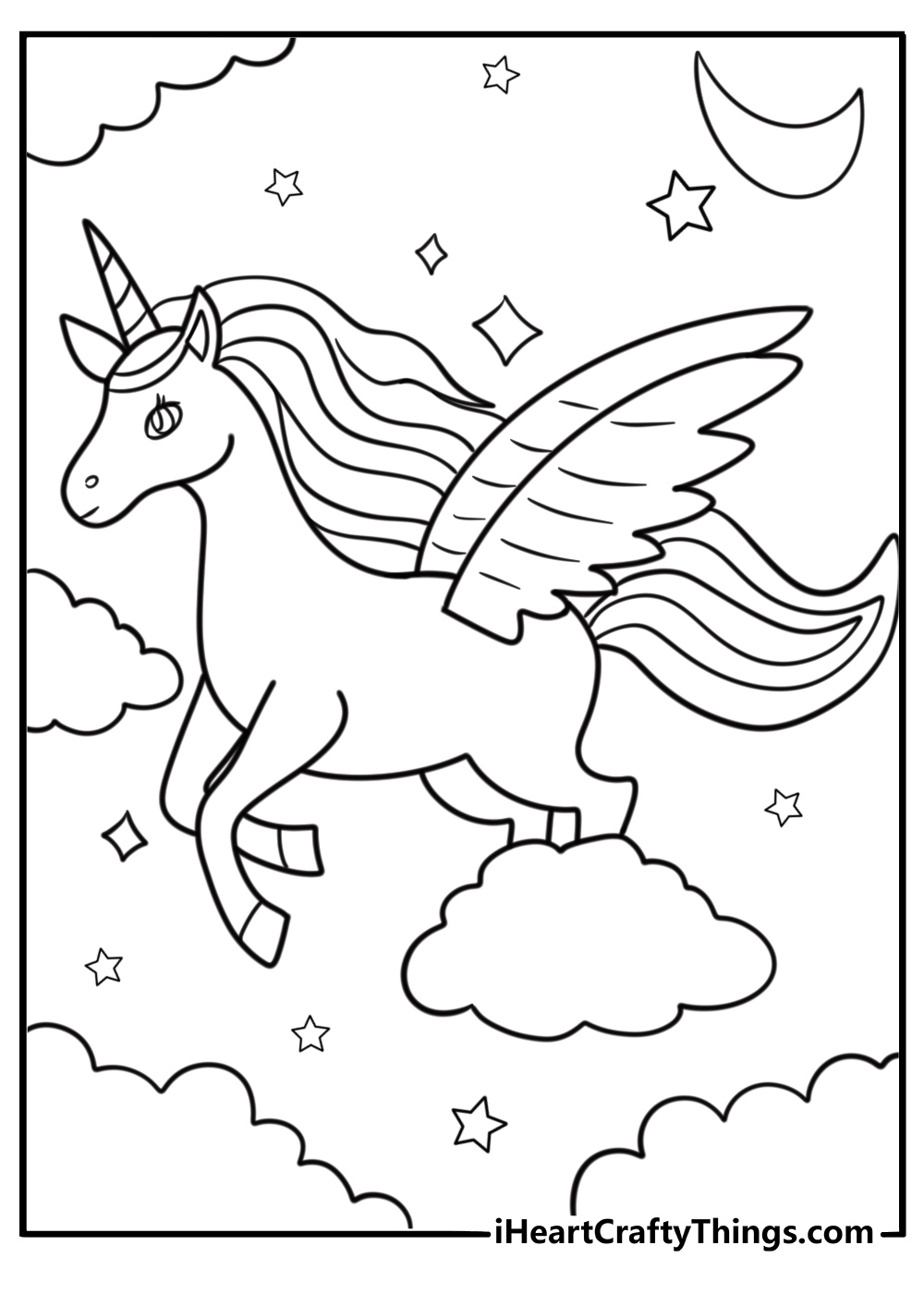 Winged unicorn coloring page soaring through the night sky