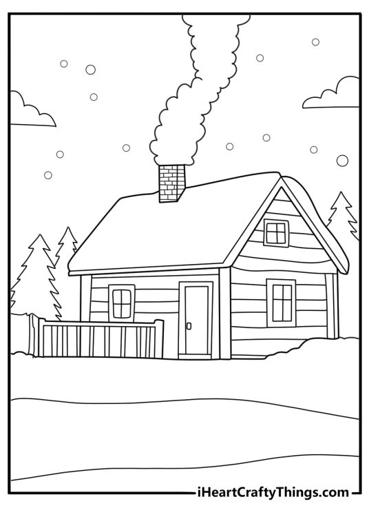 Winter cabin with smoke rising from chimney detailed coloring sheet