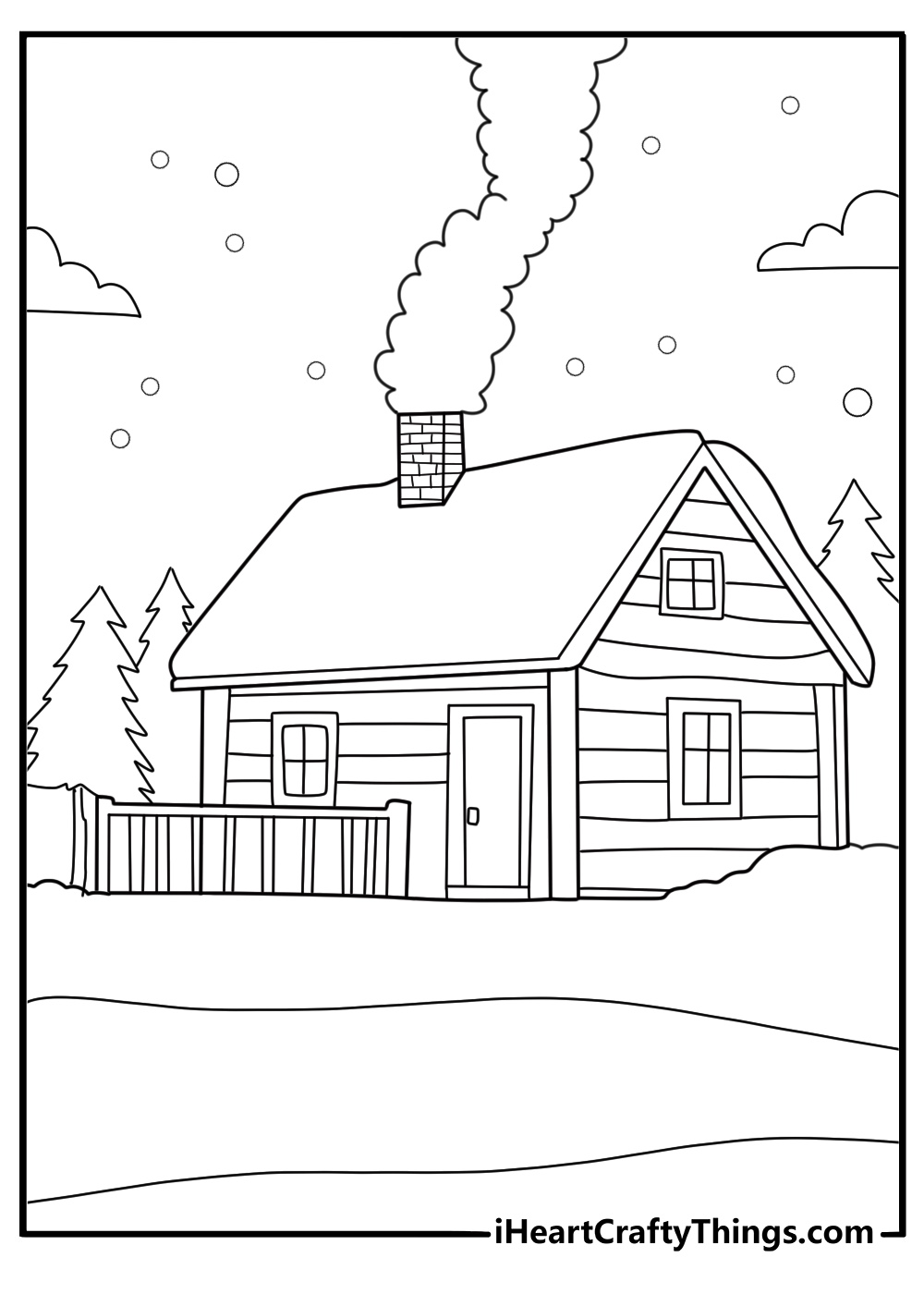 Winter cabin with smoke rising from chimney detailed coloring sheet