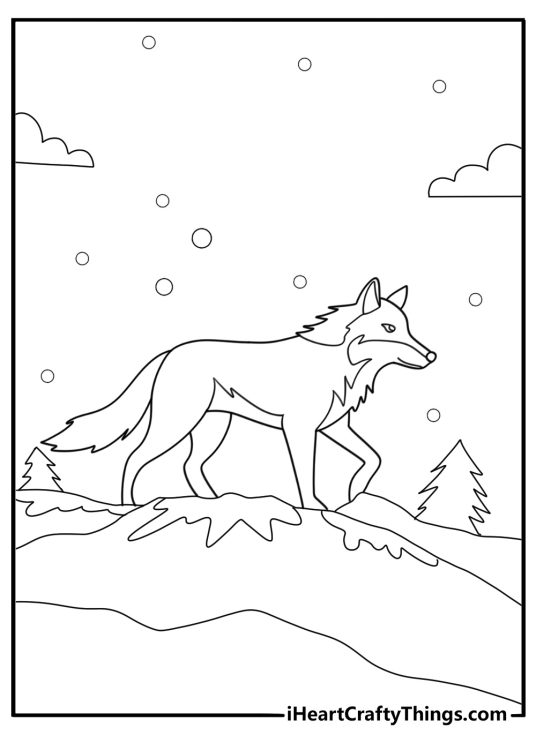 Wolves walking across snowy hills winter coloring page
