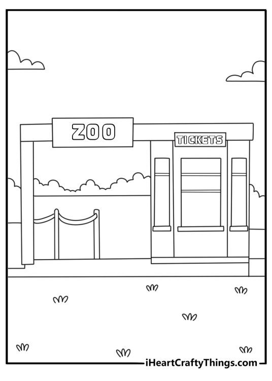Zoo coloring page with ticket booth at entrance and sign above gate