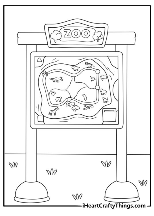 Zoo map sign with paths and icons easy zoo coloring page for kids