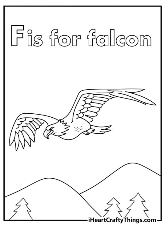 alphabet letter f coloring pages with a falcon flying over hills