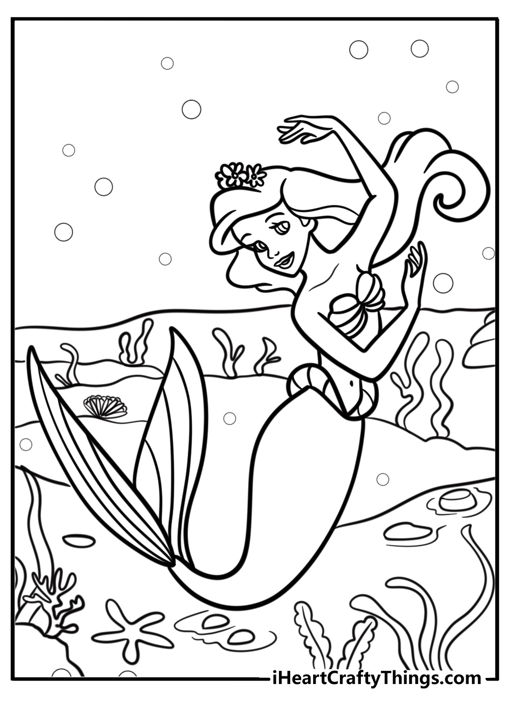 Ariel swimming under the sea Disney coloring page