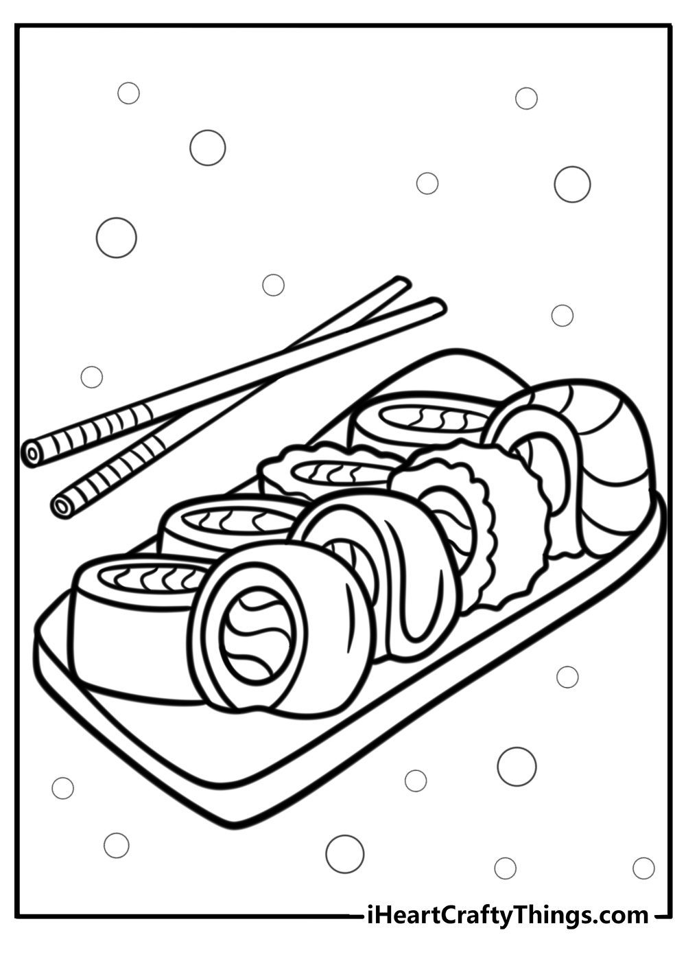 Assorted sushi rolls on a platter coloring page for kids