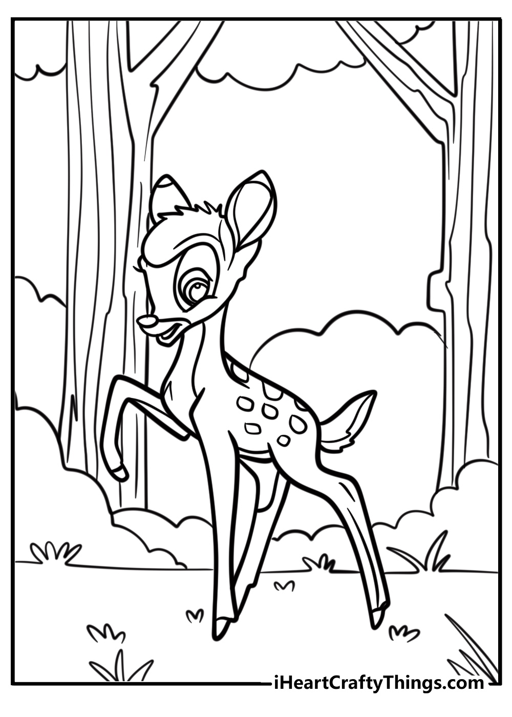 Bambi standing in a forest fun Disney coloring sheet