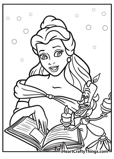 Belle reading a book Disney princess coloring sheet