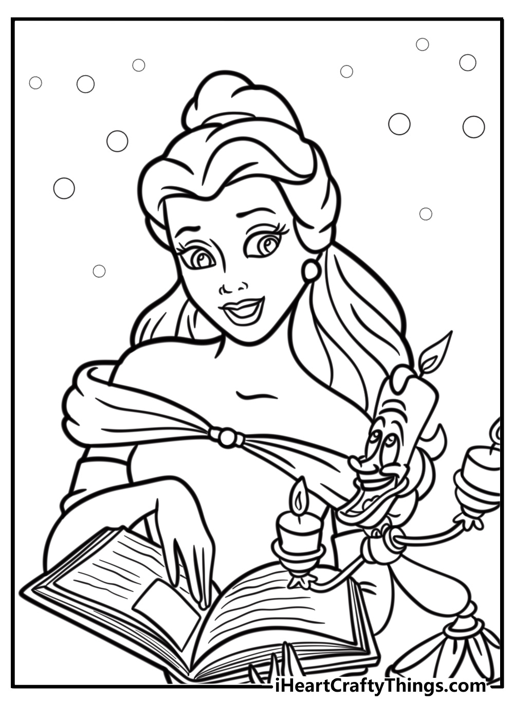 Belle reading a book Disney princess coloring sheet