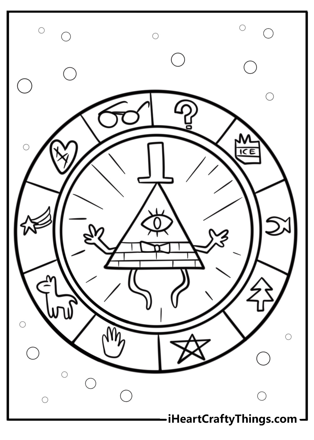 Bill cipher surrounded by symbols free gravity falls coloring page