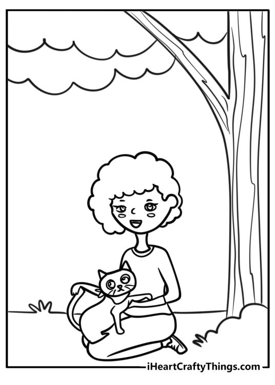 Black girl and her cat sitting under a tree free coloring page