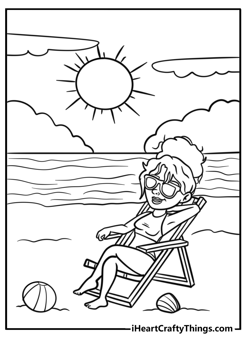 Black girl at the beach with a sun hat free coloring page pdf