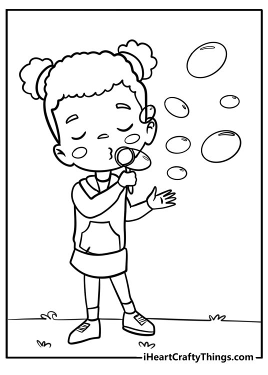Black girl blowing bubbles free coloring page pdf